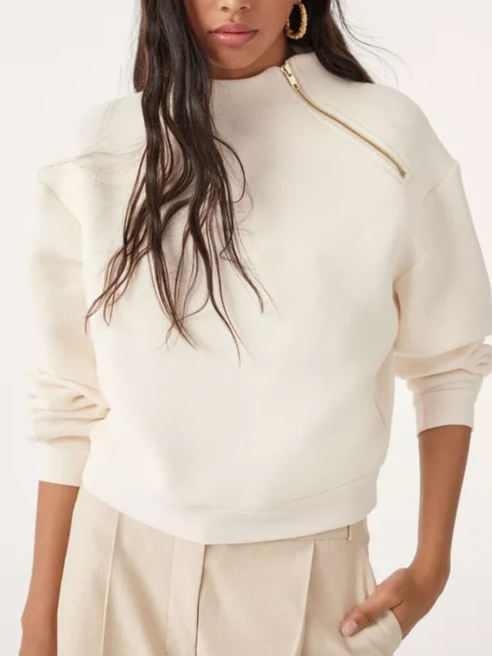 ba&sh Cream Asymmetrical Zip Pullover Sweater